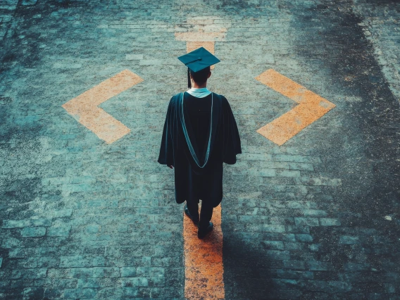 A person in Master's degree graduation regalia stands in the middle of a crossroad on a street. 